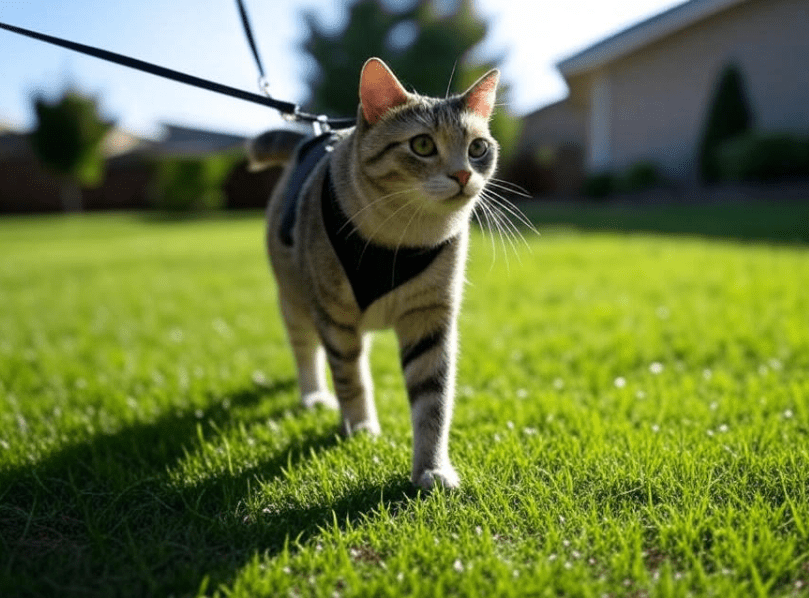 Cat walking on a leash in a backyard or quiet park.