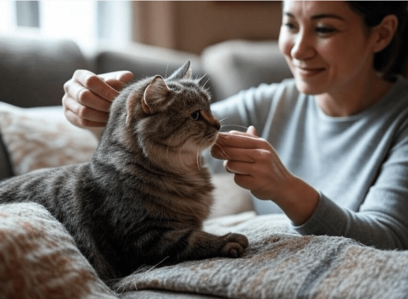 Owner gently touching cat’s ears and paws during a grooming session.