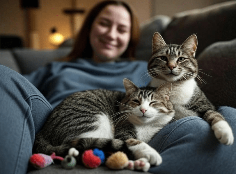A well-behaved cat snuggling with its smiling owner.
