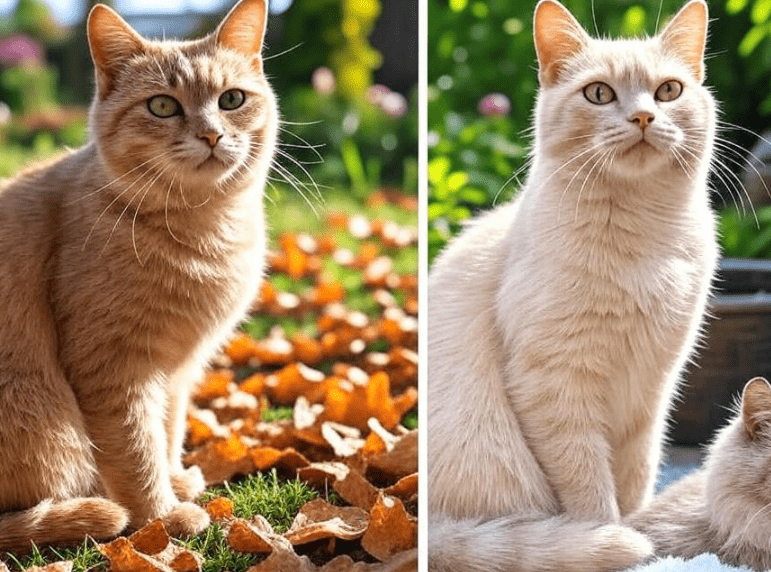 A circular graphic or collage showing four scenes of the same Domestic Shorthair cat during each season with subtle changes in coat and environment.
