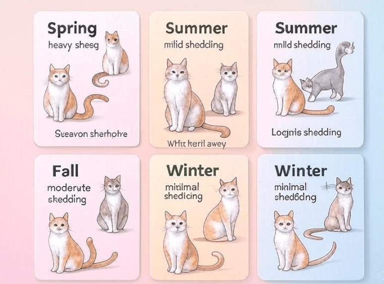 A 4-season infographic showing spring, summer, fall, and winter shedding levels with brief indicators (e.g., "Heavy", "Mild", "Moderate", "Minimal").
