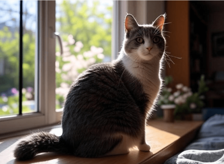 A Domestic Shorthair cat sitting on a windowsill in spring sunlight with fur visibly shedding or floating in the air.