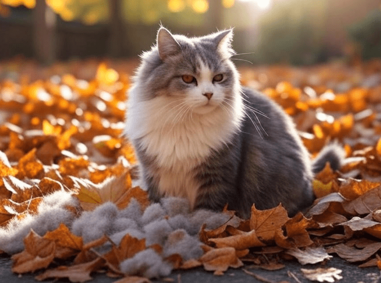 A Domestic Shorthair cat with a thickening coat surrounded by autumn leaves. Some loose hair on the brush or in the air.
