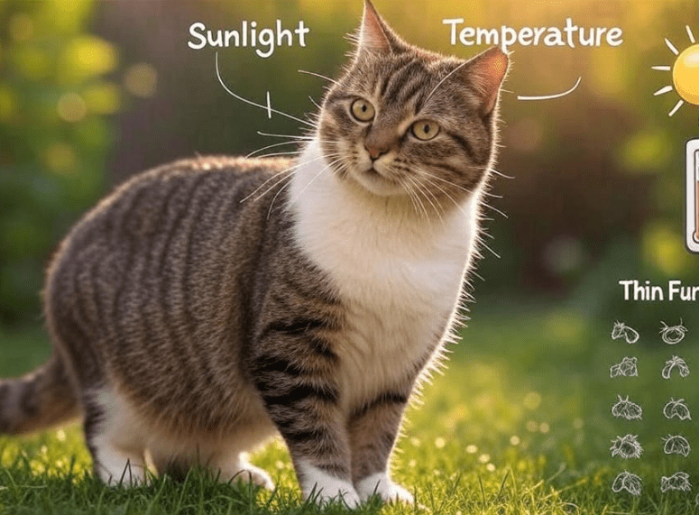 A diagram showing how daylight hours and temperature influence a cat’s coat: arrows from sunlight and thermometer leading to fur density icons.
