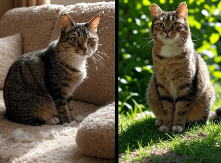 Side-by-side comparison of an indoor Domestic Shorthair on a couch with stable lighting vs. an outdoor one in a garden, both shedding differently.
