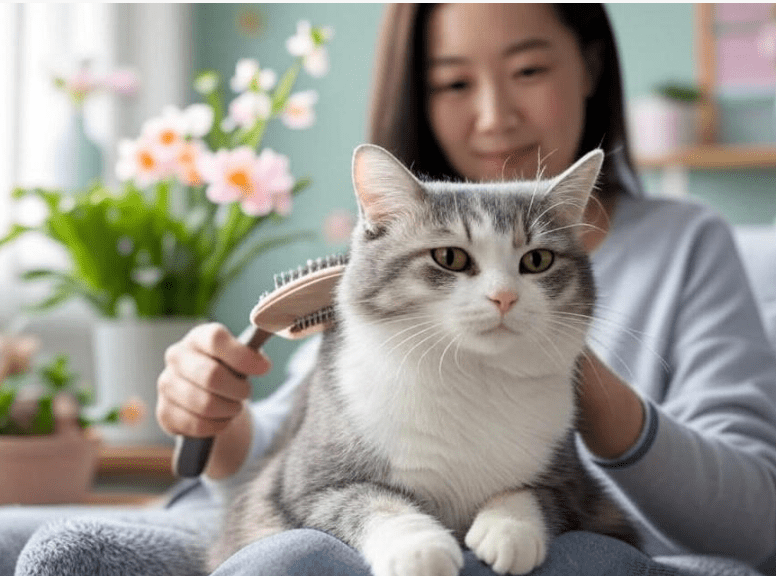 A cat owner brushing their Domestic Shorthair on a soft mat during spring, with visible fur in the brush.
