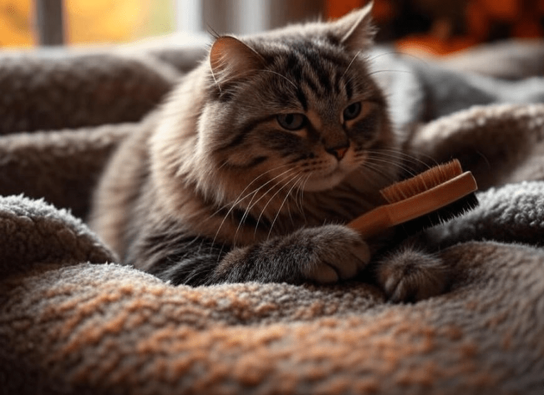 A Domestic Shorthair cat being brushed with autumn decor in the background. The coat appears thicker and denser.
