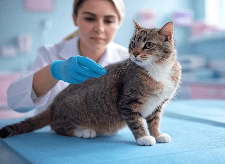 A Domestic Shorthair cat with patchy or dull fur being examined by a vet, suggesting health-related shedding.

