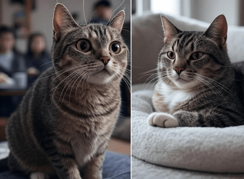 A split-scene showing a stressed cat (with subtle signs like tense posture, wide eyes) contrasted with a calm cat in a relaxed pose.
