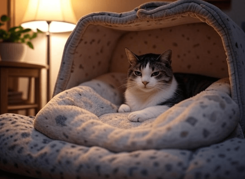 A cozy cat nook setup featuring a soft cat bed, dim lighting, and gentle decor that exudes calmness.
