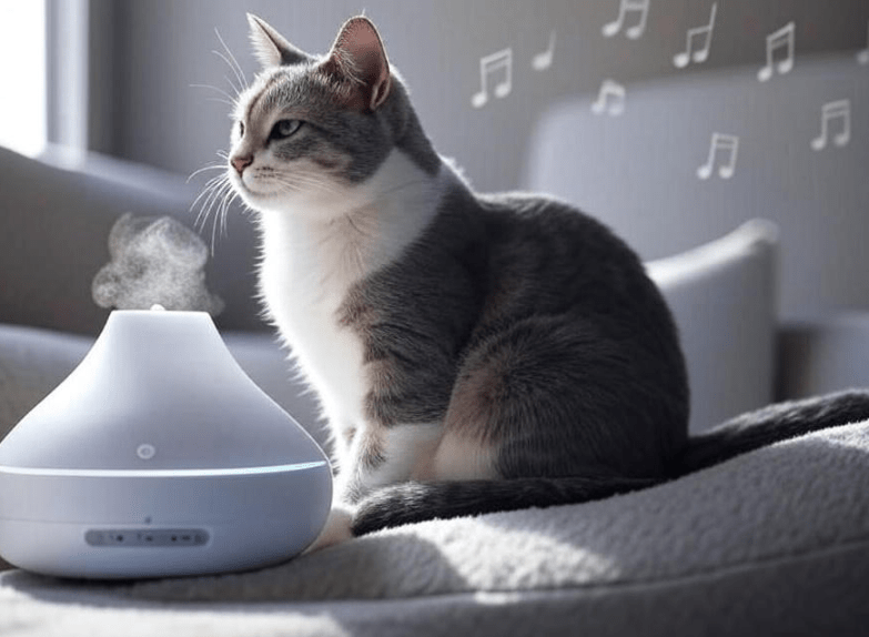 A cat next to a diffuser releasing calming pheromones or a small speaker playing soft music with a peaceful cat nearby.
