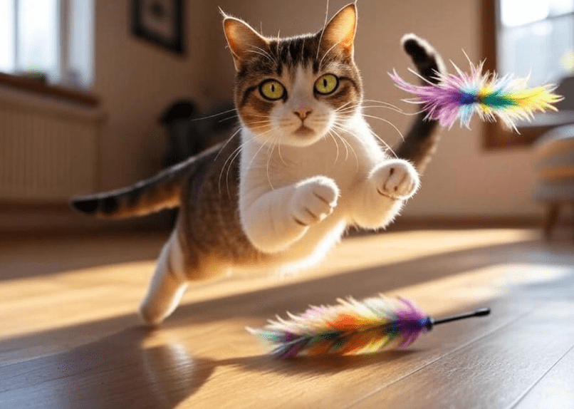 A playful Domestic Shorthair cat chasing a feather wand or laser pointer with bright eyes and active posture.
