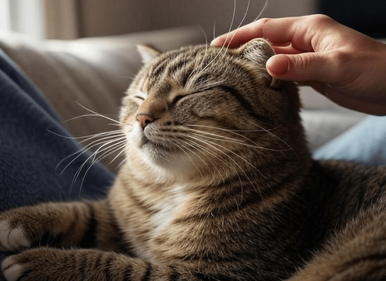 A human gently petting or massaging a relaxed Domestic Shorthair cat, showcasing bonding and affection.
