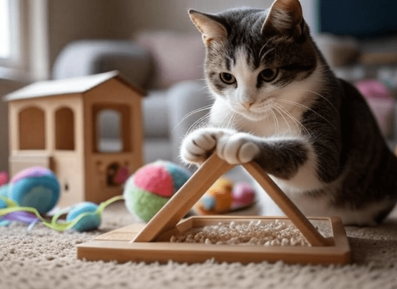 A Domestic Shorthair cat engaged with a puzzle feeder or exploring a cardboard box turned into a playful toy.
