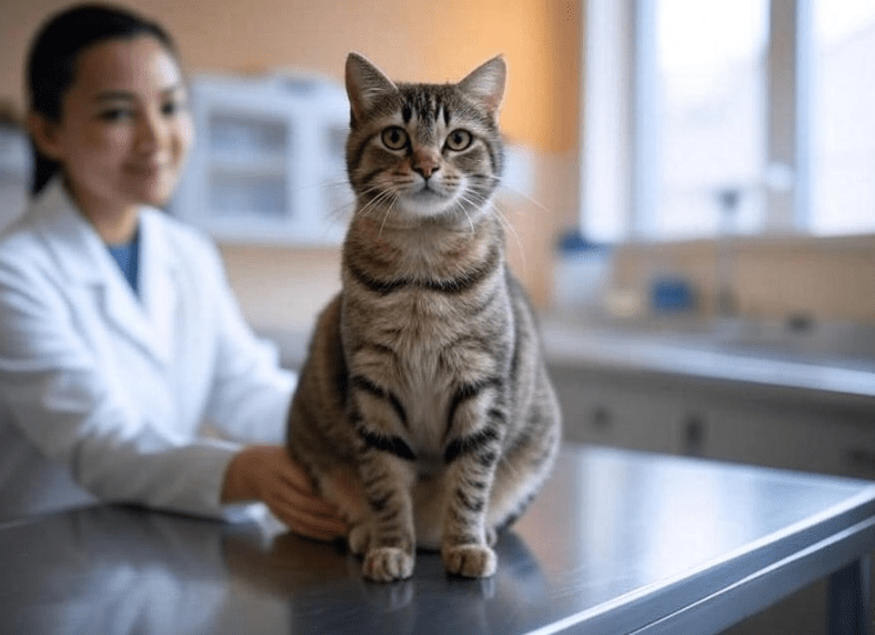 A cat calmly being examined by a veterinarian or interacting with an animal behaviorist in a clinical but friendly environment.
