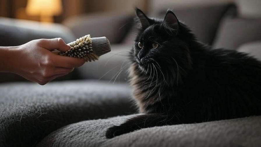Black Smoke Maine Coon being brushed with slicker brush