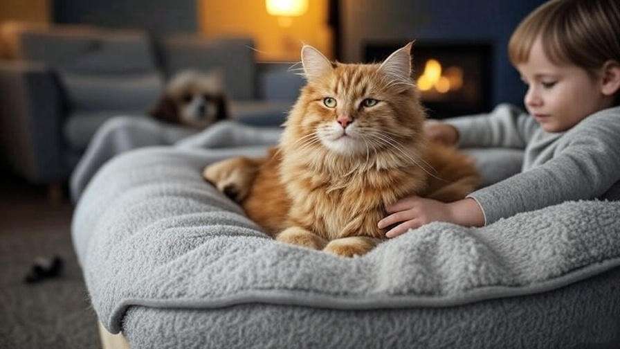 Orange Maine Coon resting with child and dog in family setting