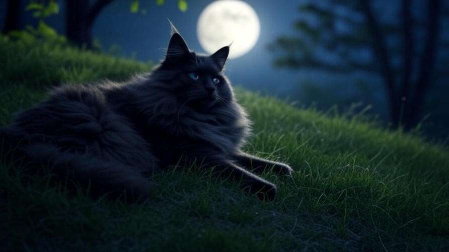 Black Smoke Maine Coon in moonlit mystical setting
