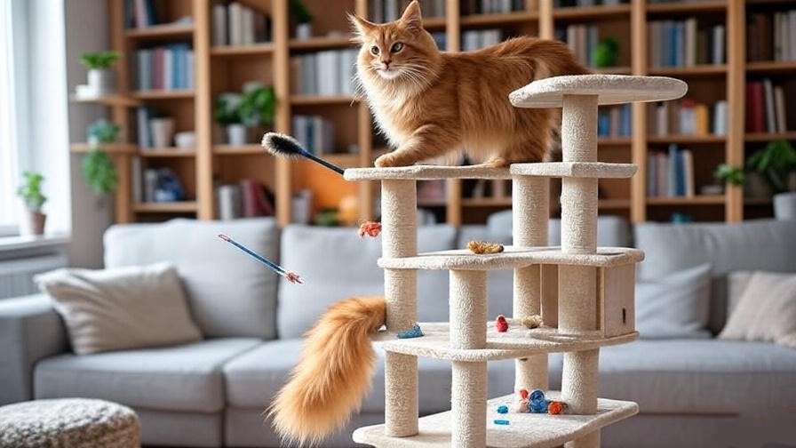 Orange Maine Coon climbing cat tree with interactive toys