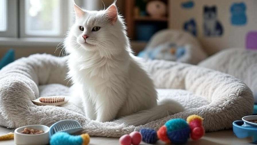 White Maine Coon cat with grooming tools and toys