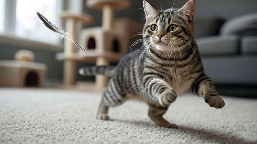 Playful Maine Coon Tabby Mix chasing a feather toy in a spacious living room with a cat tree.