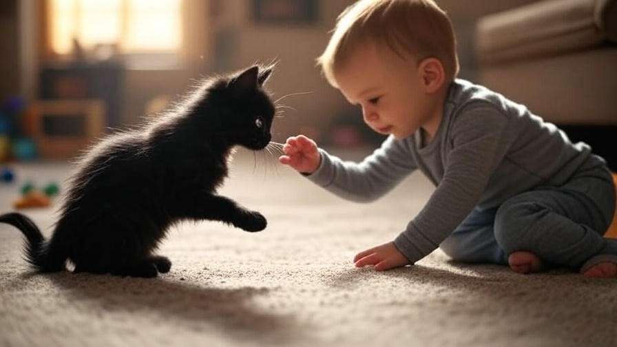 Black Smoke Maine Coon kitten with child in home