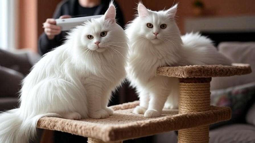 White Maine Coon cat training with clicker and scratching post