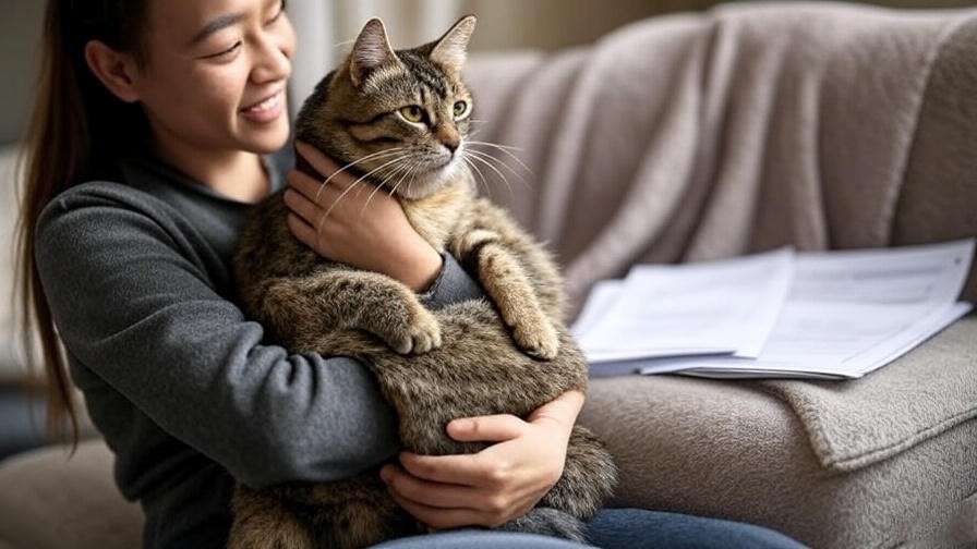 Maine Coon Tabby Mix being held by a person in a cozy adoption setting with papers.