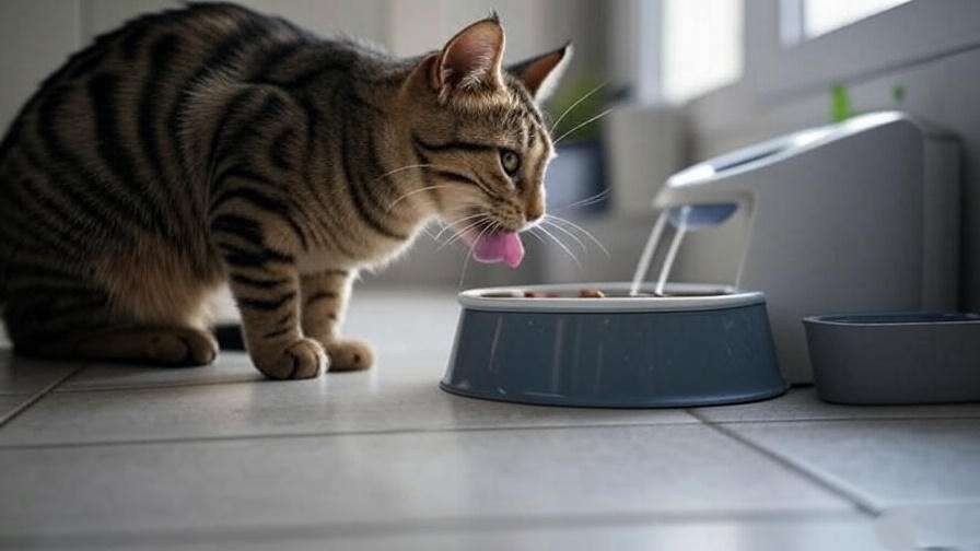 Maine Coon Tabby Mix eating from a bowl next to a pet water fountain in a clean kitchen.