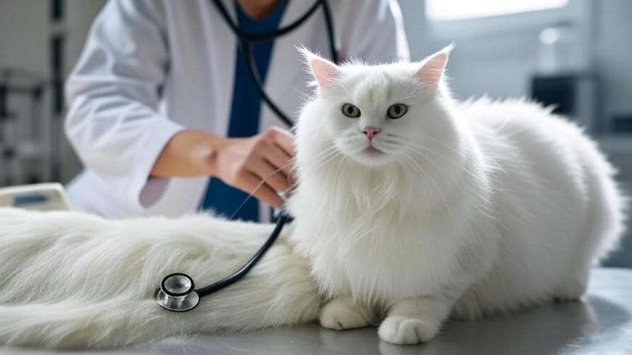 White Maine Coon cat receiving veterinary checkup with stethoscope