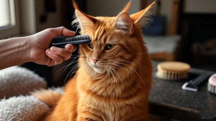 Orange Maine Coon being brushed with a wide-tooth comb for coat care