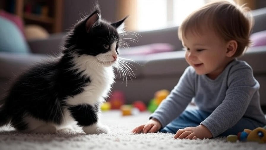 Maine Coon Black and White kitten with child in living room.