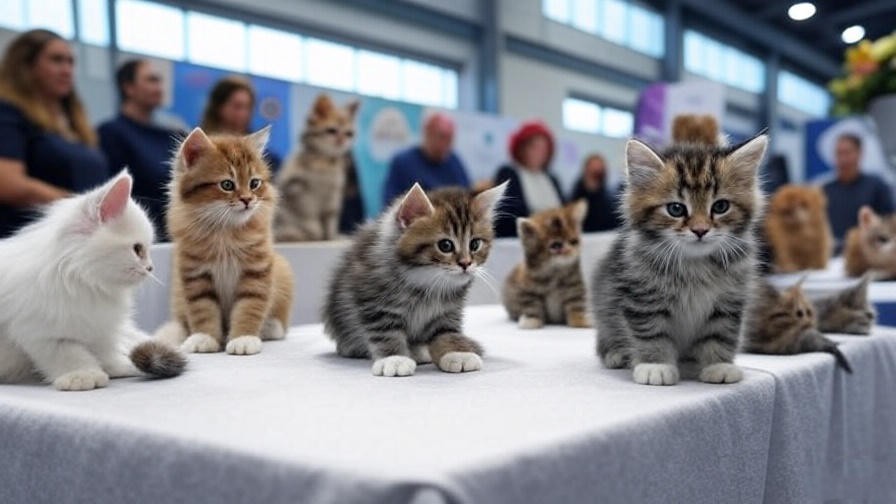 Maine Coon kittens at a Minnesota cat show with owners and judges.