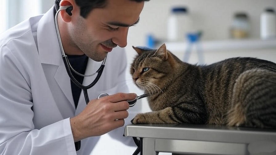 Veterinarian examining cat with stethoscope and fecal sample for lungworm diagnosis
