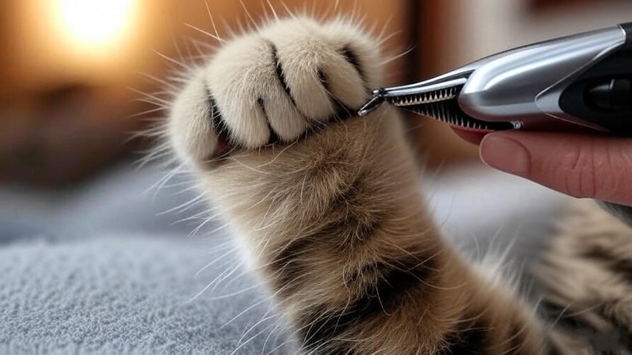 Maine Coon cat’s paw being gently trimmed with cat-specific nail clippers, showcasing precise grooming in a cozy setting.
