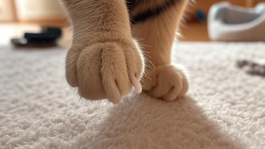 Close-up of a polydactyl Maine Coon paw with extra toes, surrounded by grooming tools.