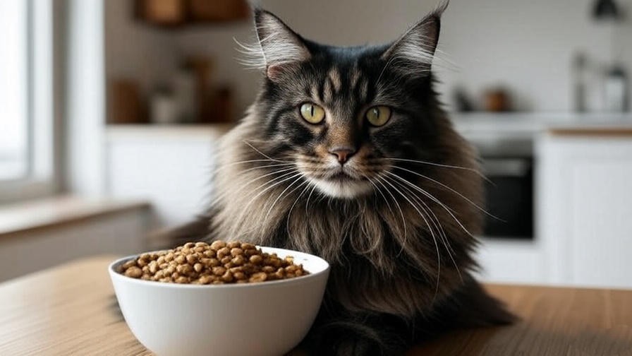 Maine Coon cat with glossy coat near a bowl of fish-based cat food, showcasing diet’s role in fur health in a modern kitchen.