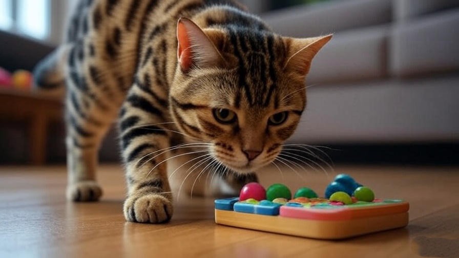 Maine Coon Bengal Mix cat playing with a puzzle toy.