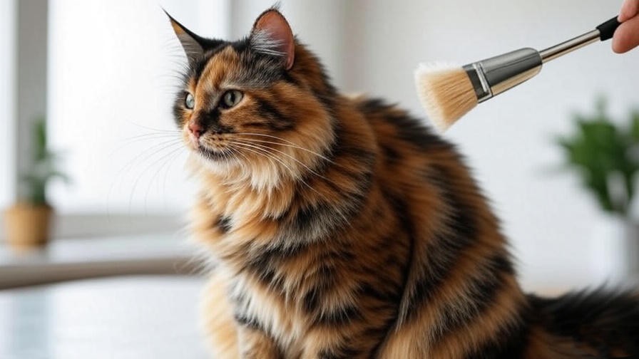 Close-up of a tortoiseshell Maine Coon being brushed with a slicker brush for coat care.