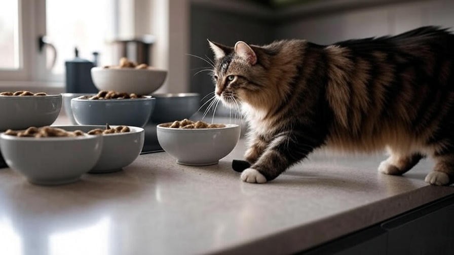 Healthy Maine Coon cat near bowls of treats and joint supplements.