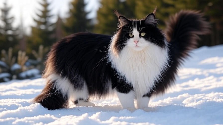 Majestic Maine Coon Black and White cat in snowy New England landscape.