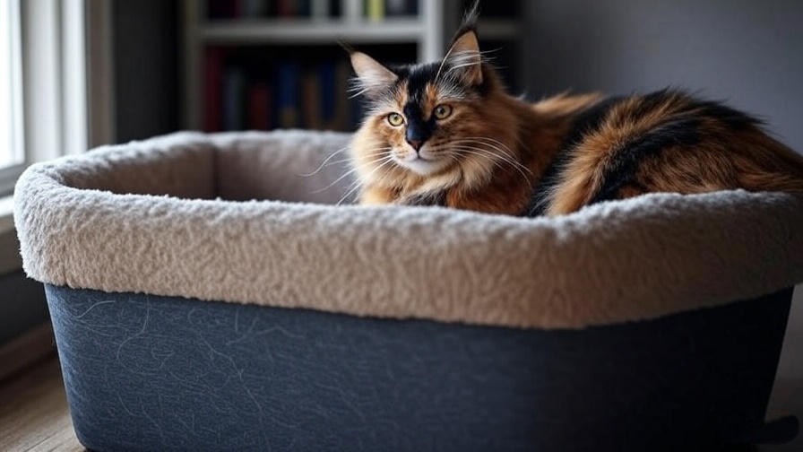 Tortoiseshell Maine Coon resting on an oversized litter box in a quiet home.