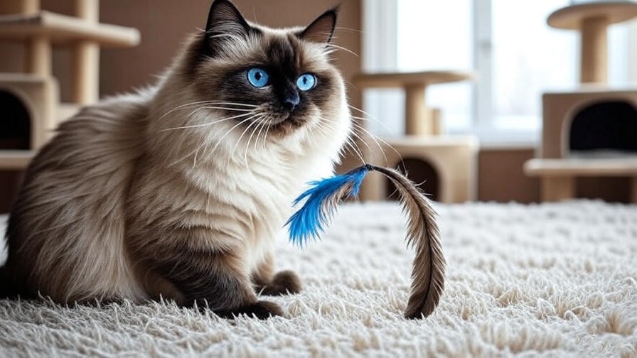 Maine Coon and Siamese mix cat playing with feather toy in cozy living room.
