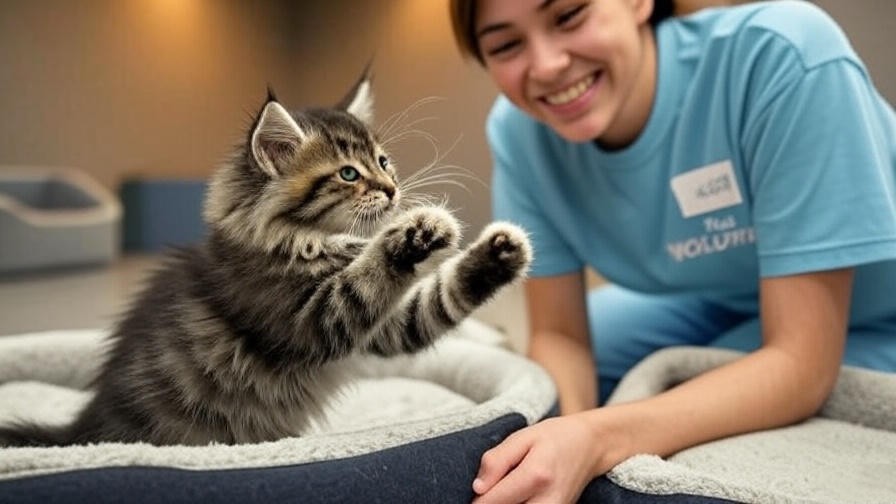 Maine Coon kitten interacting with volunteer in Ohio shelter for adoption.