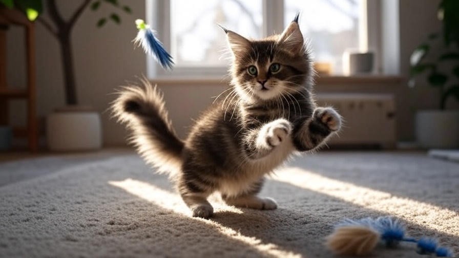 Maine Coon kitten playing with feather toy on climbing tree for exercise