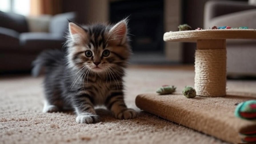 Polydactyl Maine Coon kitten exploring a new home with a scratching post.