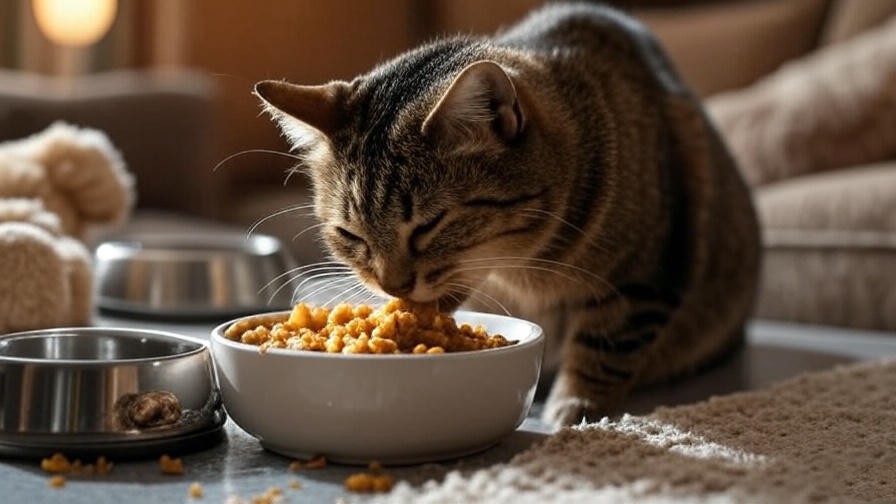 Cat eating nutrient-rich wet food with water bowl, supporting lungworm recovery.