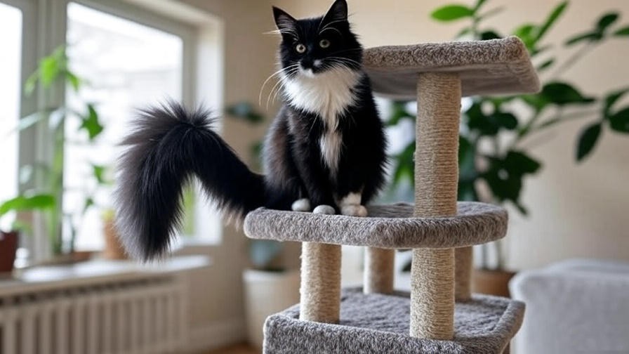 Maine Coon Black and White cat exploring a cat tree.