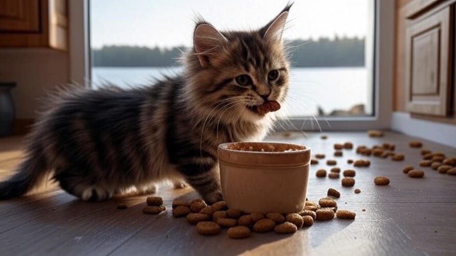 Maine Coon kitten eating high-quality kitten food with a Minnesota lakeside view.