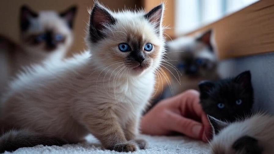 Siamese Maine Coon mix kitten in breeder facility with human care.